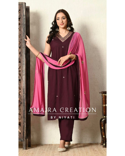 Wine Vichitra Silk Pant Set(17 inches Sleeves Available)