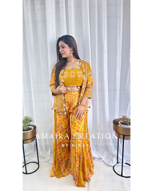 Mustard Chinnon Three Piece Gharara Set