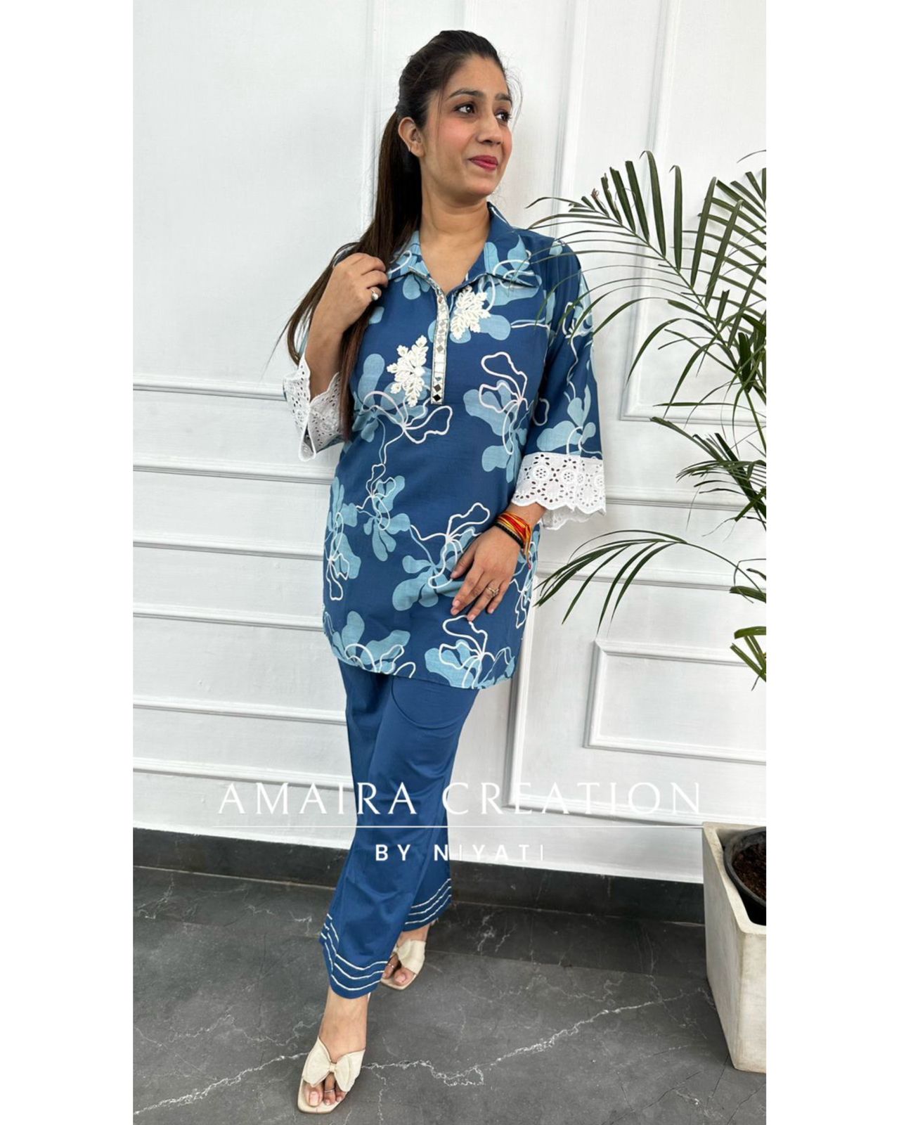 Blue Floral Printed Cotton Cord Set