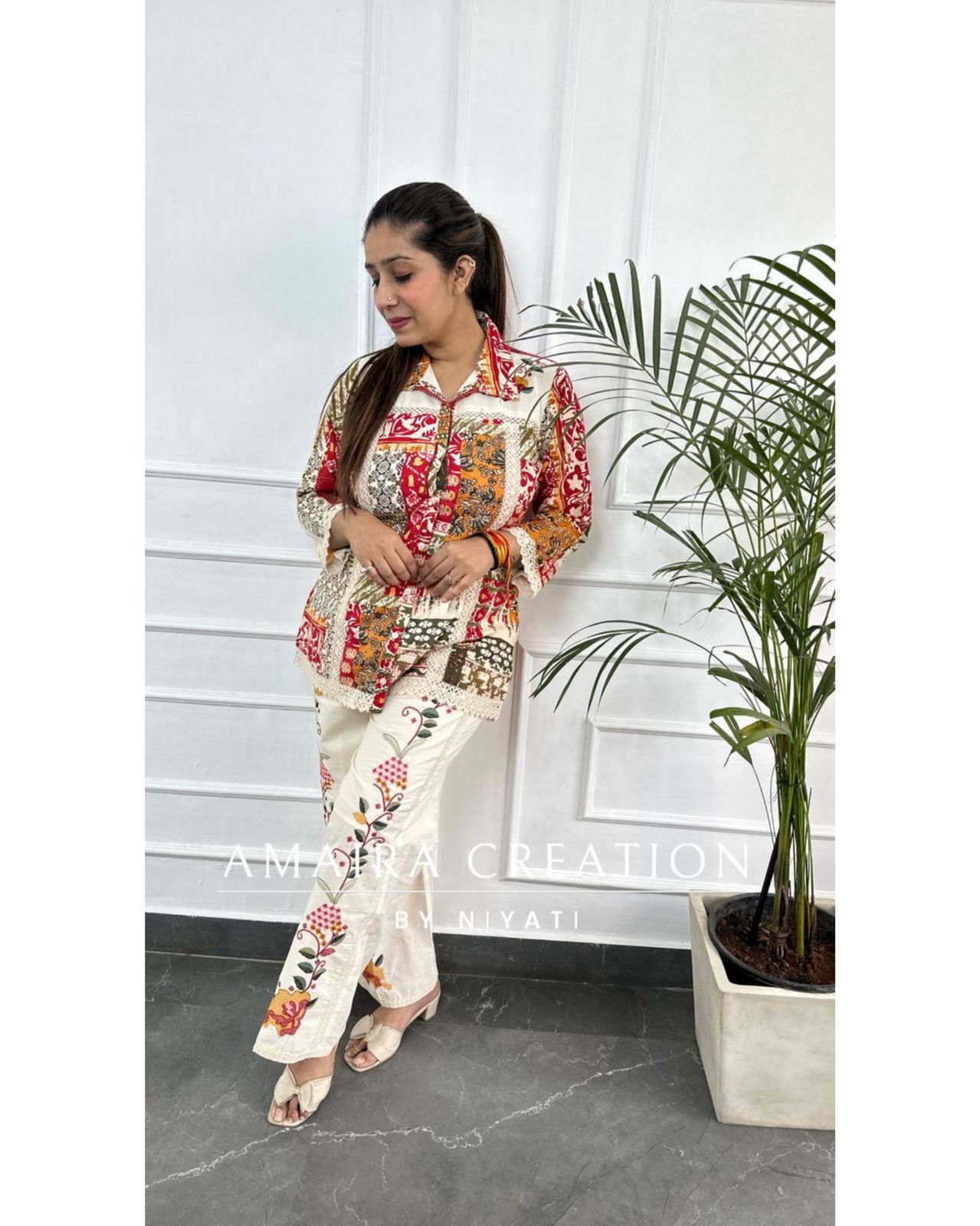 Multi Color Cotton Cord Set With Thread Embroidered Plazo