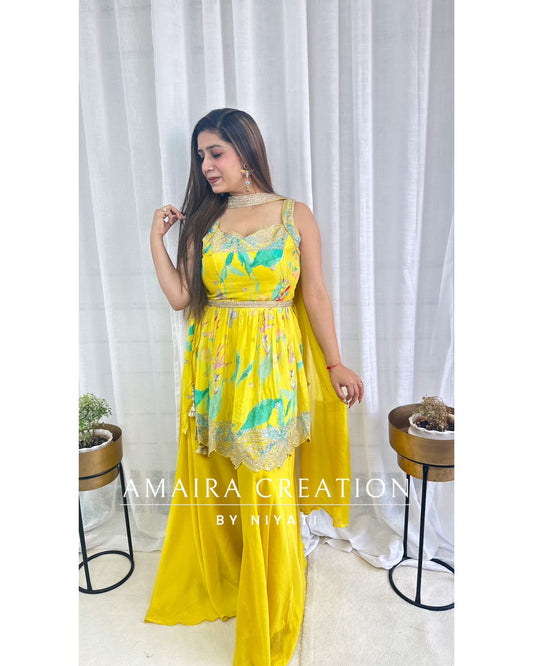 Lemon Peplum Designer Gharara Set (Sleeves Available)