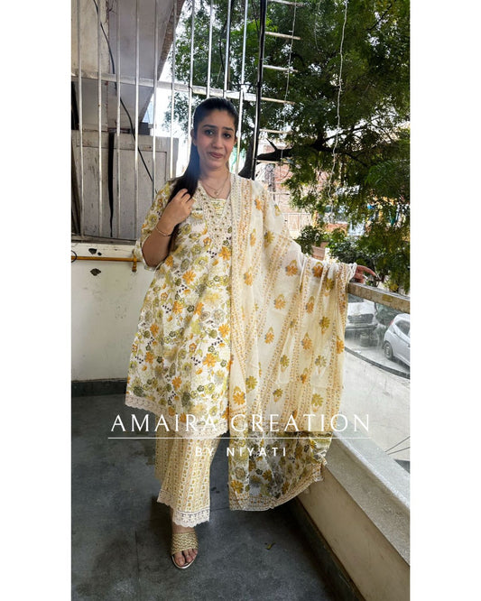 Ivory Cotton Floral A line Plazo Set