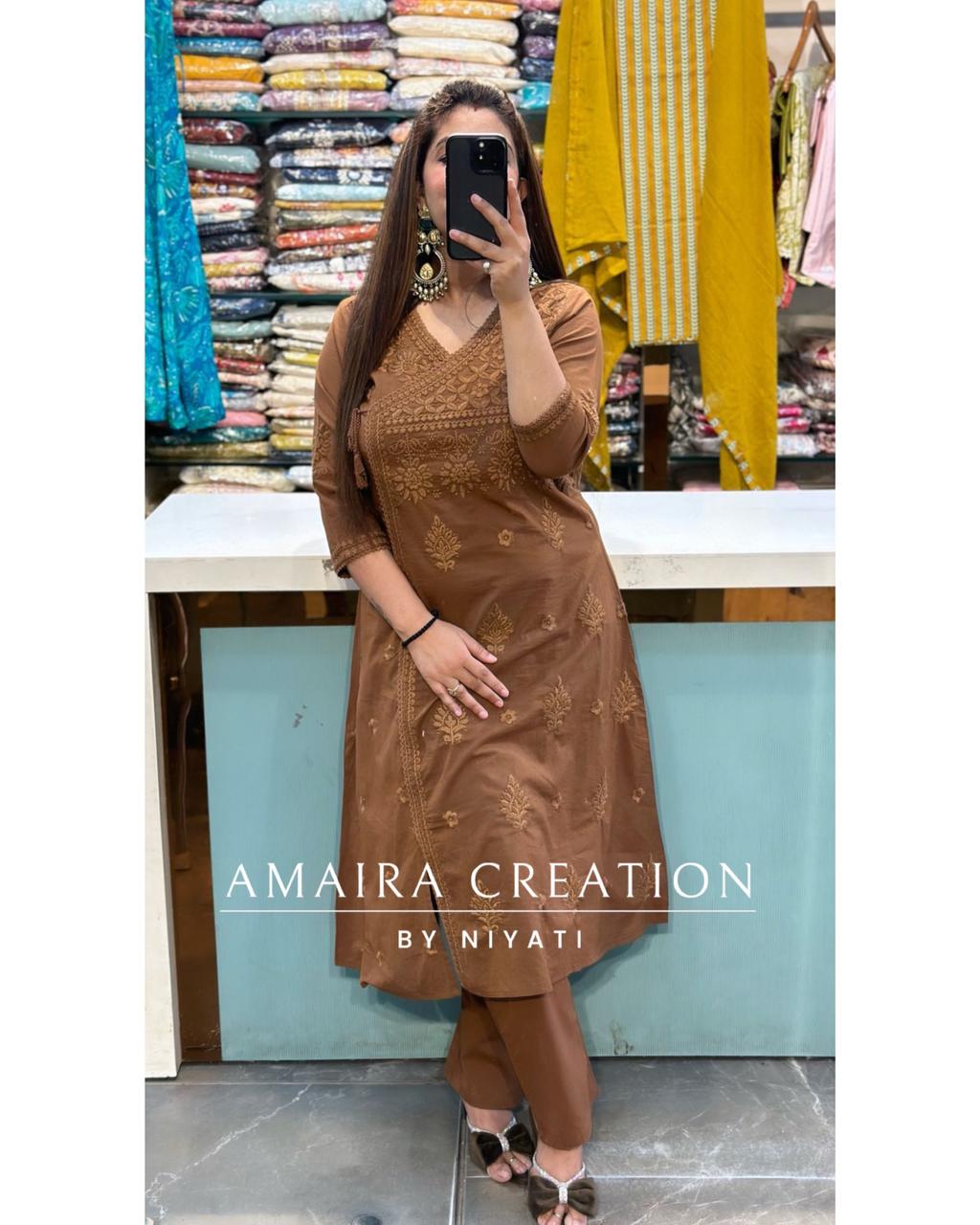 Lakhnavi Chikankari Angrakha Kurta Pant Set(A-Line)