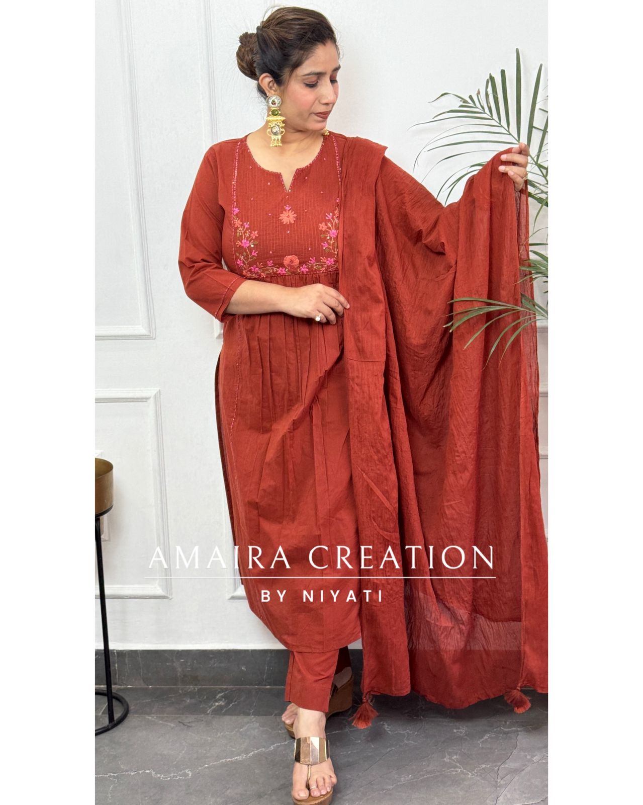 Orange Color Cotton A Line Thread Embroidery Pant Set