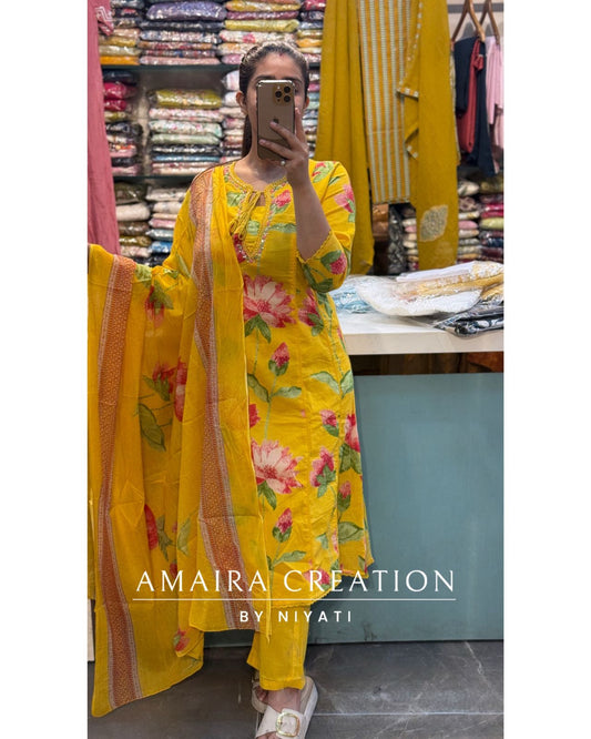 Yellow Floral Printed A Line Cotton Set