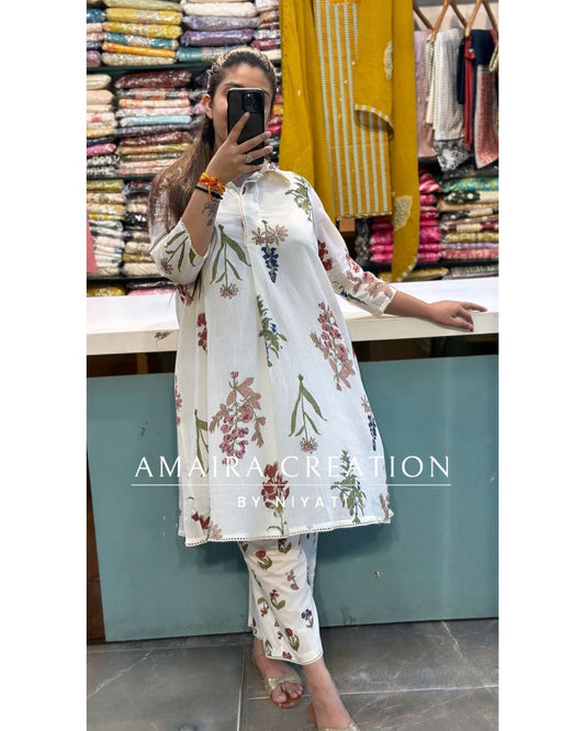 Cream Mul Cotton A Line Indo Western Set