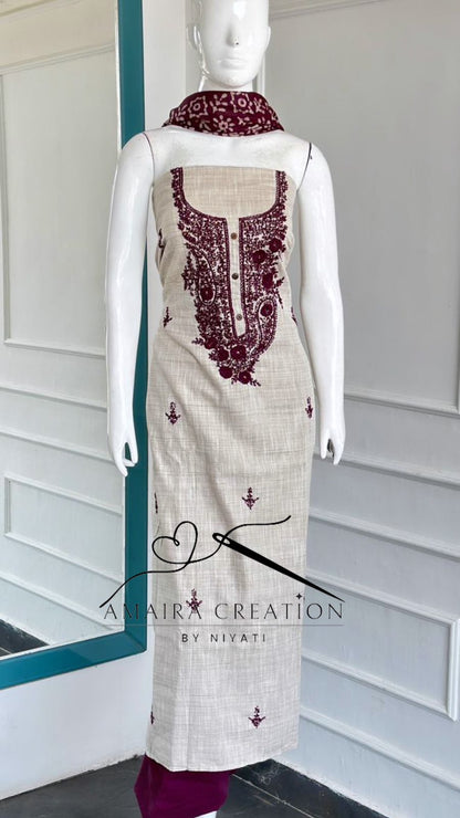 Khadi Cotton Thread Embroidery On Neck