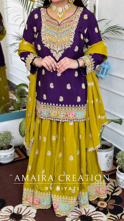 Mustard Yellow Garara Set Contrasted with Purple Top