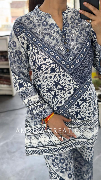 Reyon Fabric White & Blue Cordset