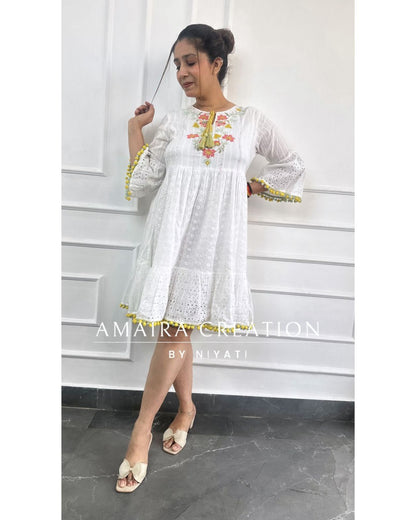 Schiffli Cotton White Dress