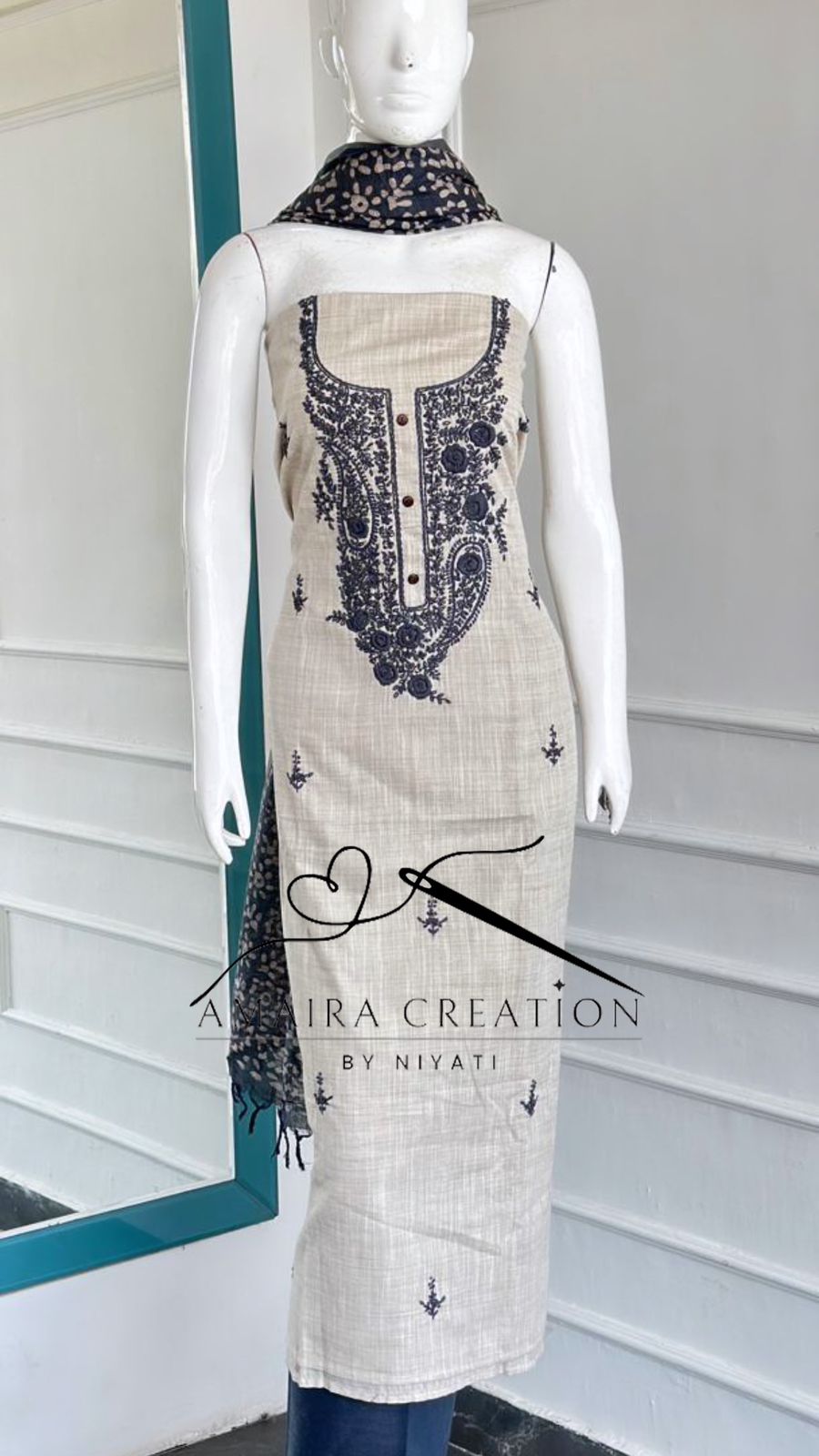 Khadi Cotton Thread Embroidery On Neck