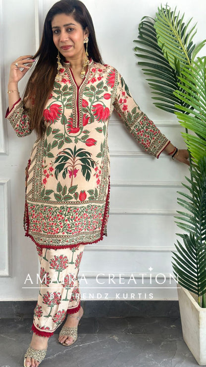 Premium Crepe Peach Color Kalamkari Print Farsi Salwar Set