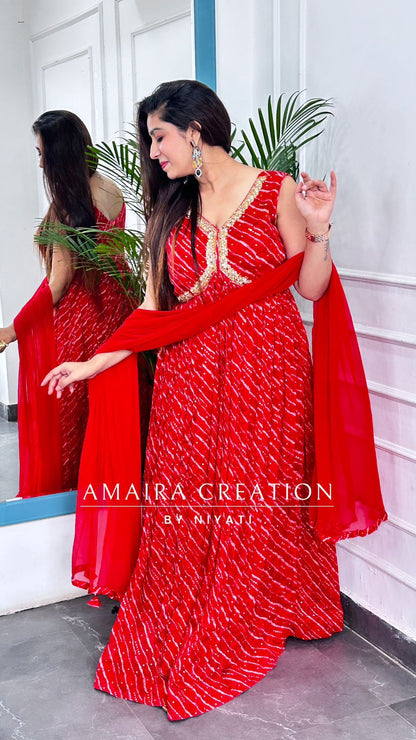 Red Lehriya Print Chinon Anarkali Set(Sleeves Available)