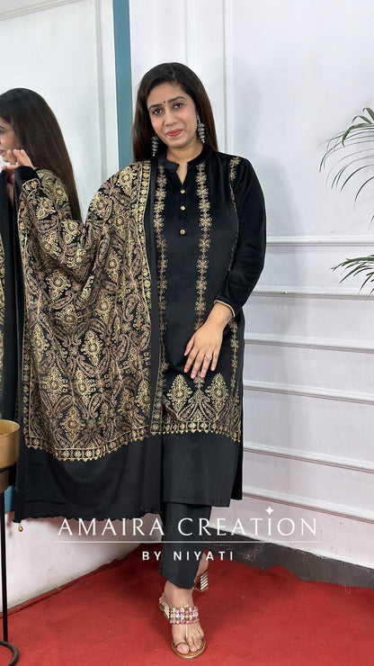 Black Embroidered Stretchable Velvet Suit