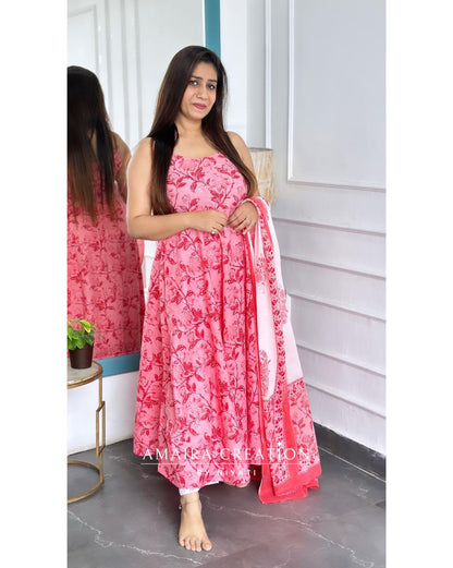 Strap Rose Pink Color Anarkali Set