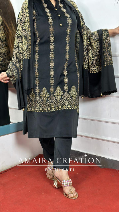 Black Embroidered Stretchable Velvet Suit