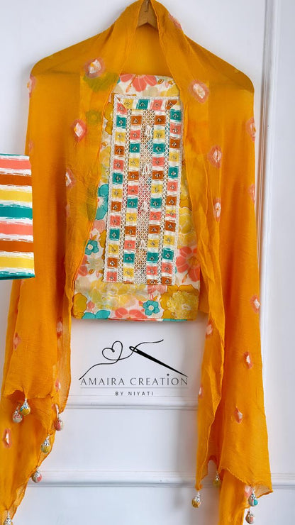 Multi Color Cotton Unstitch Suit With Beautiful Detailing On Neck