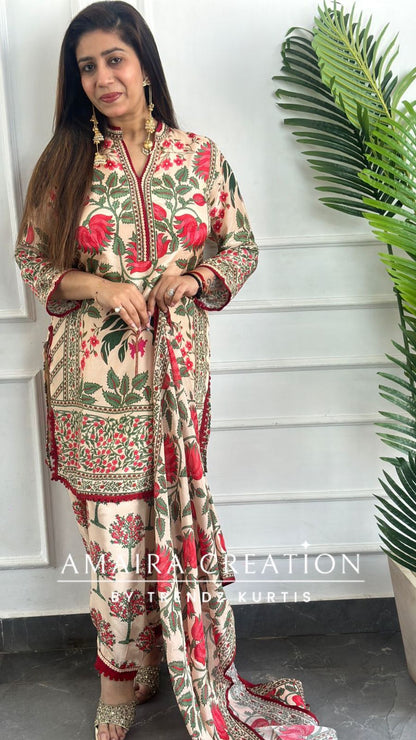 Premium Crepe Peach Color Kalamkari Print Farsi Salwar Set