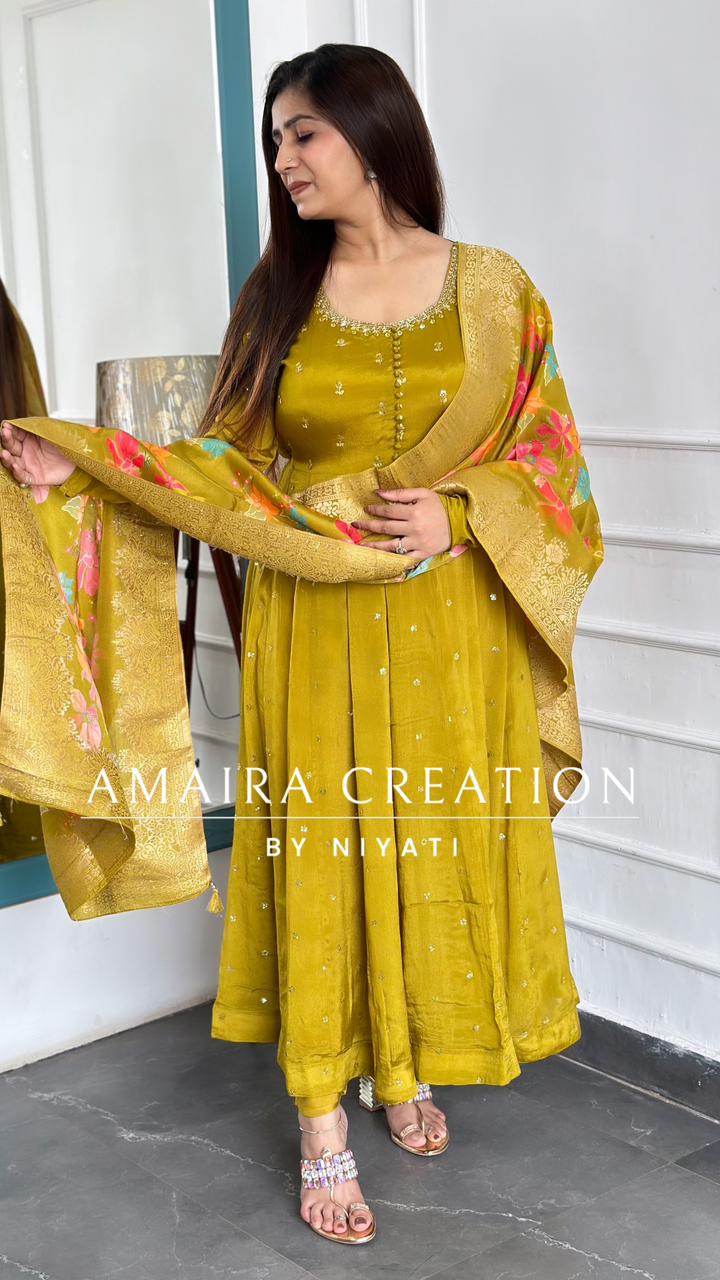 Olive Green Chinnon Anarkali Set