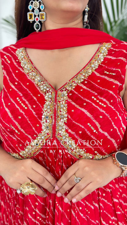 Red Lehriya Print Chinon Anarkali Set(Sleeves Available)