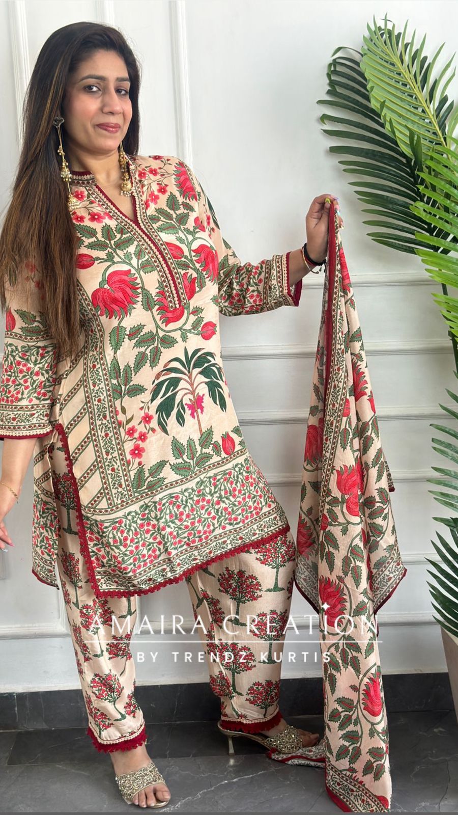 Premium Crepe Peach Color Kalamkari Print Farsi Salwar Set