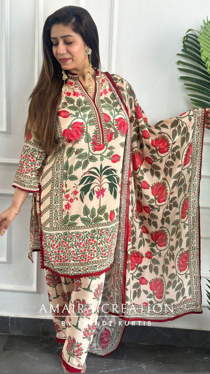Premium Crepe Peach Color Kalamkari Print Farsi Salwar Set