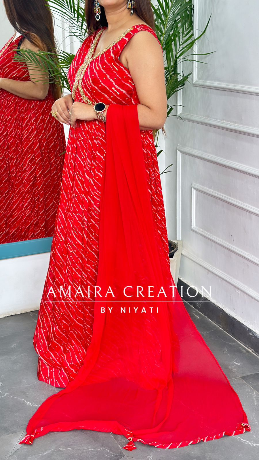 Red Lehriya Print Chinon Anarkali Set(Sleeves Available)