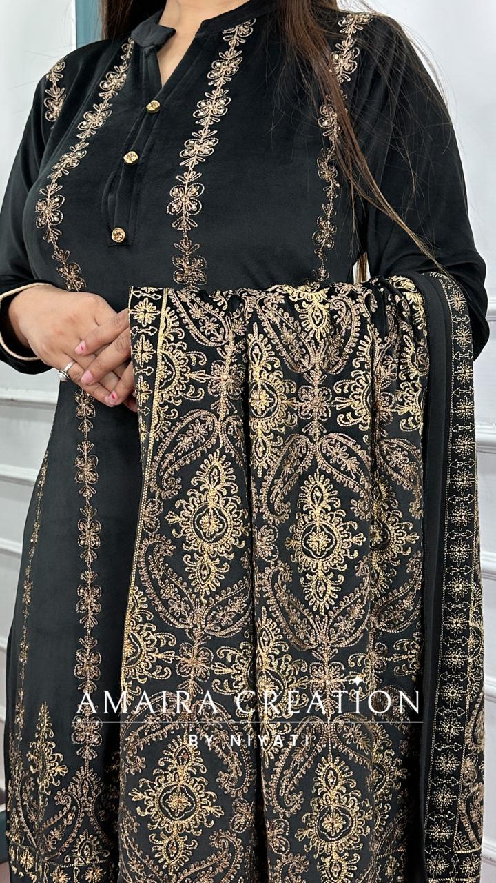 Black Embroidered Stretchable Velvet Suit