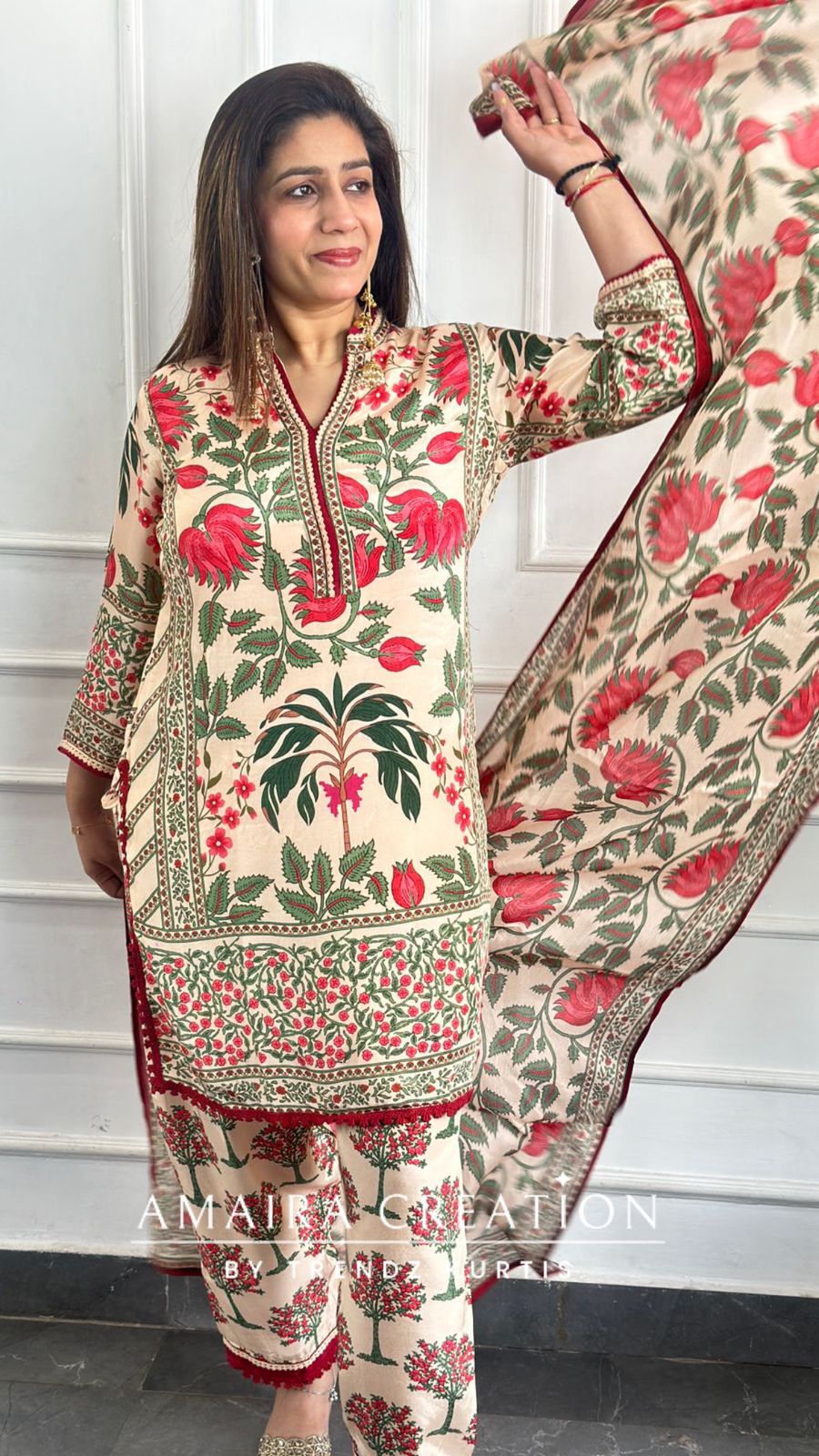 Premium Crepe Peach Color Kalamkari Print Farsi Salwar Set