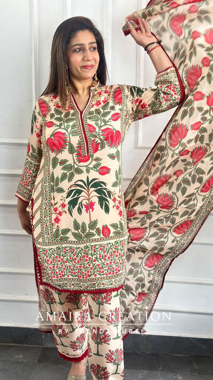 Premium Crepe Peach Color Kalamkari Print Farsi Salwar Set