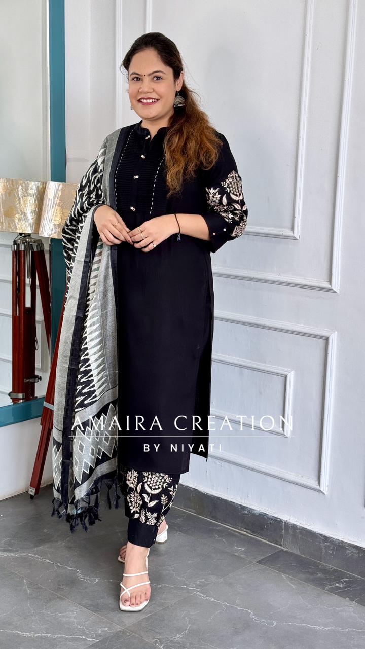 Black Color Reyon Embroidered Afghani Set With Printed Dupatta