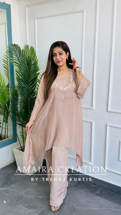 Premium Chinon Fabric Peach Color Three Piece Cord Set