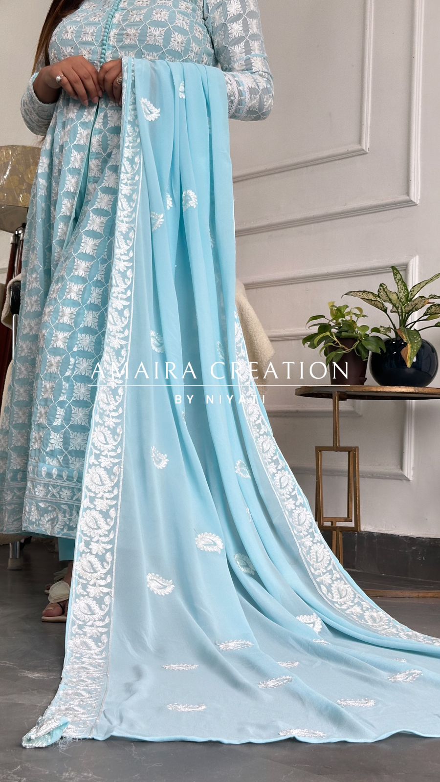 Sky Blue Color ChikaniKari Anarkali with Front And Side Slit