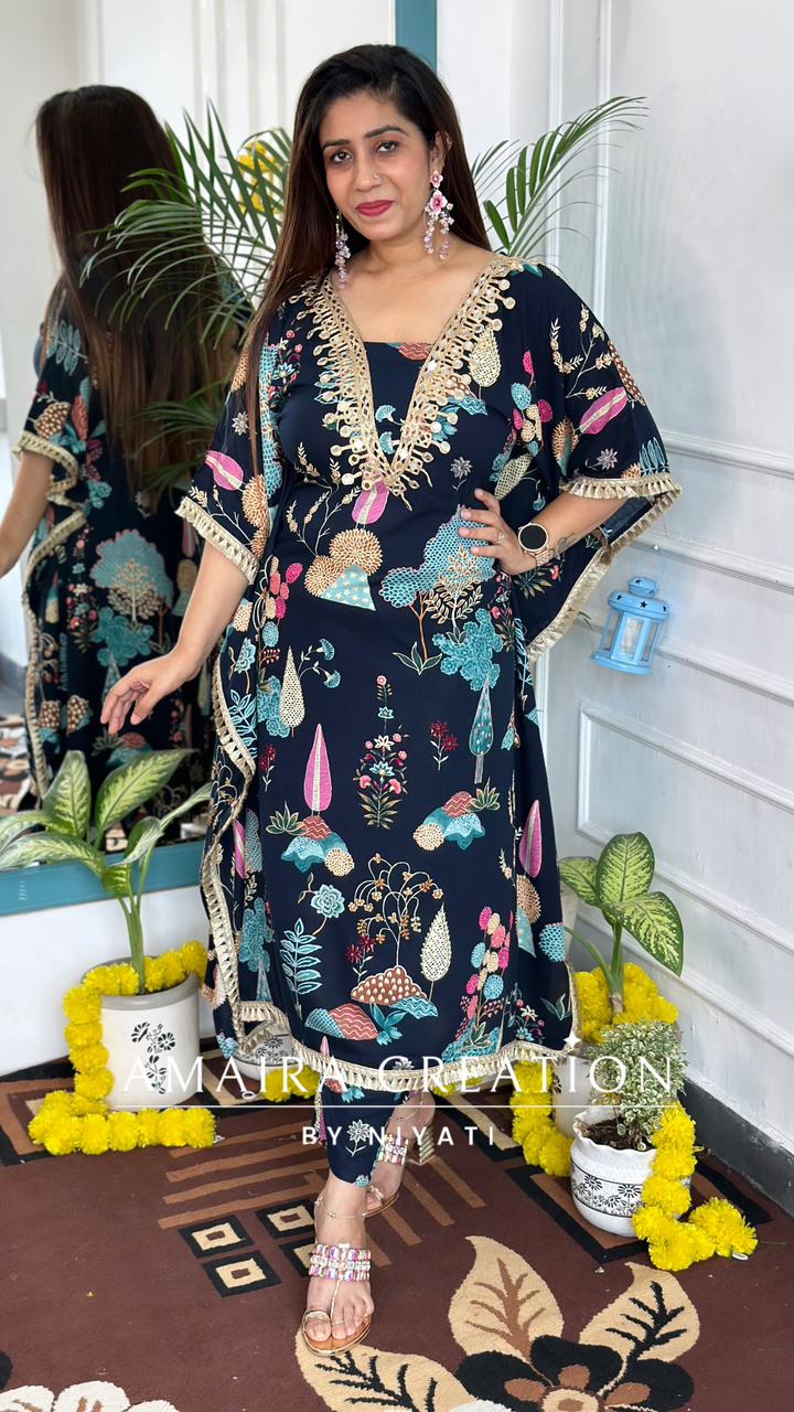 Blue Color Reyon Fabric Floral Print Kaftan Set