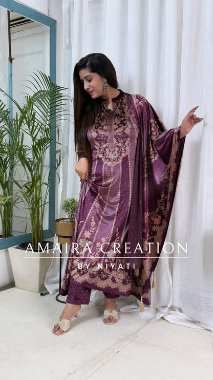 Mauve Printed Velvet Stretchable Anarkali Set