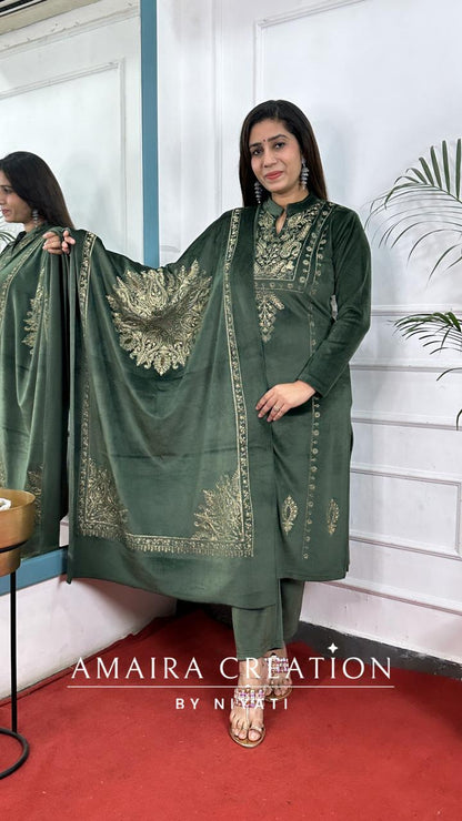 Green Embroidered Stretchable Velvet Suit