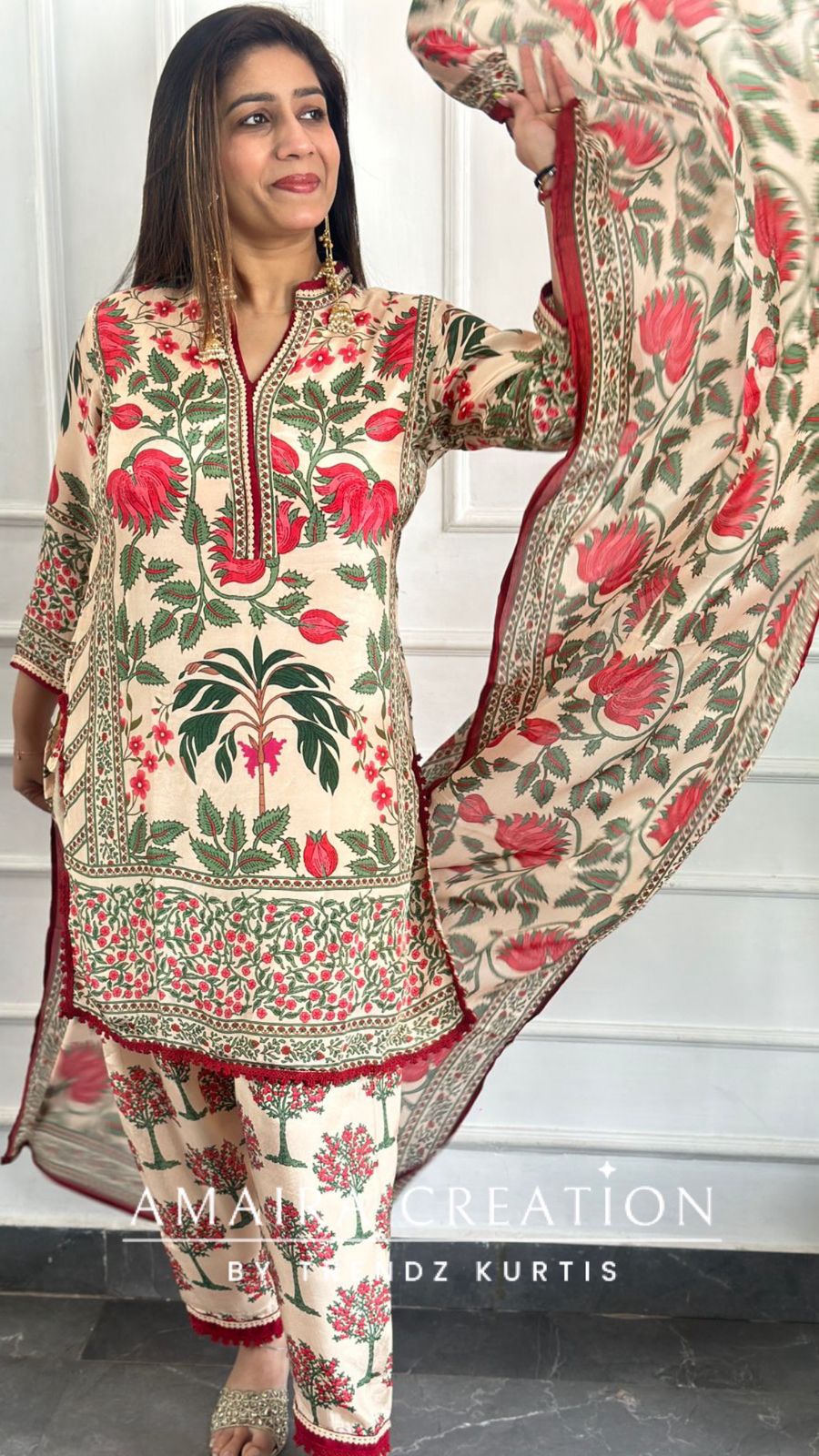 Premium Crepe Peach Color Kalamkari Print Farsi Salwar Set