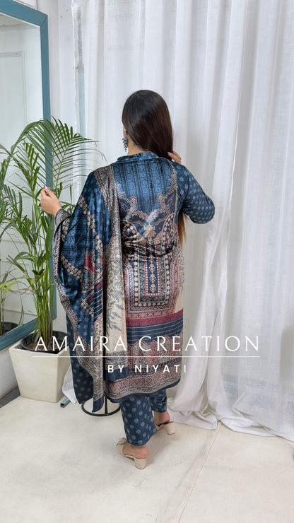 Blue Stretchable Printed Velvet Suit