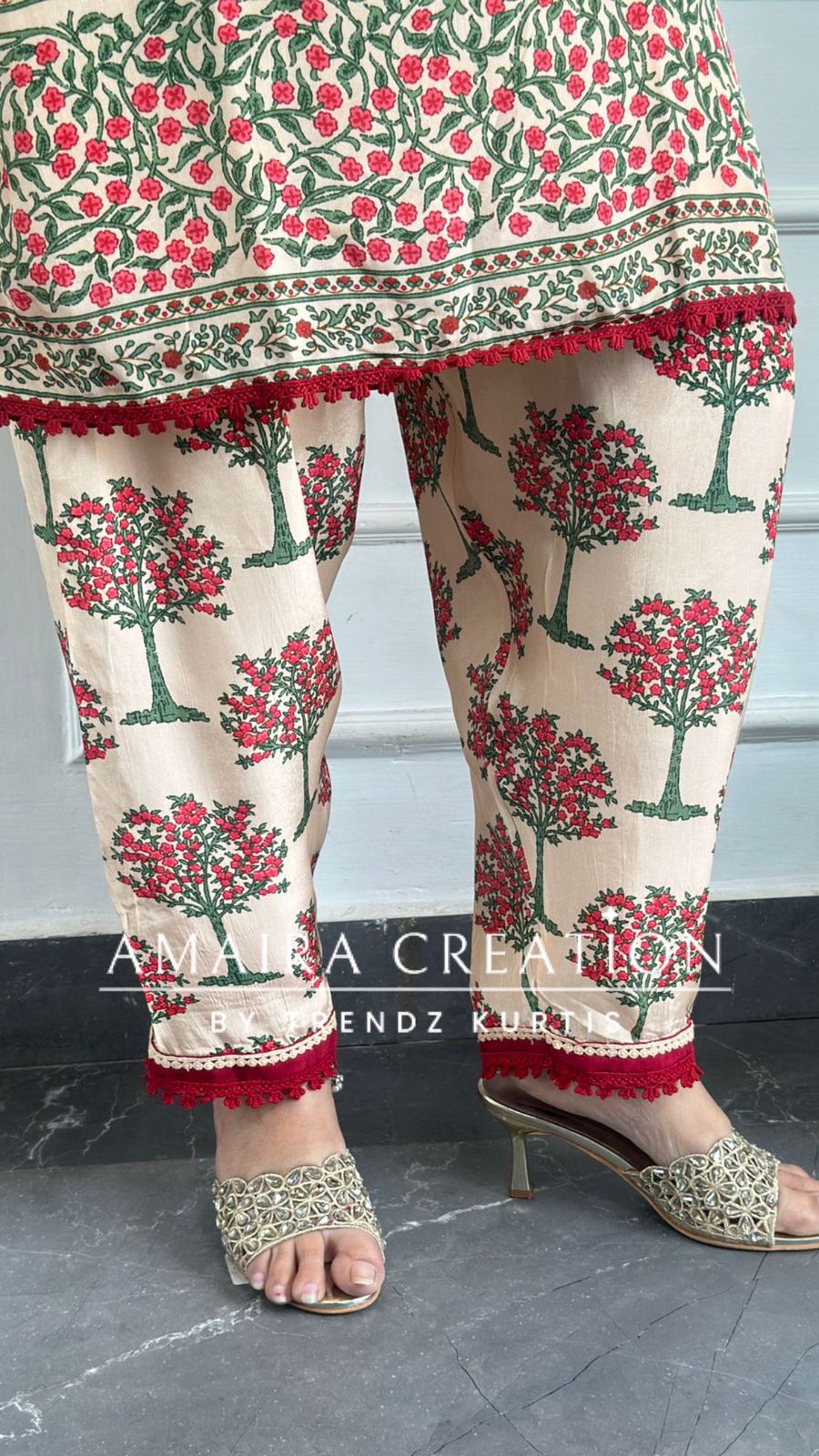 Premium Crepe Peach Color Kalamkari Print Farsi Salwar Set