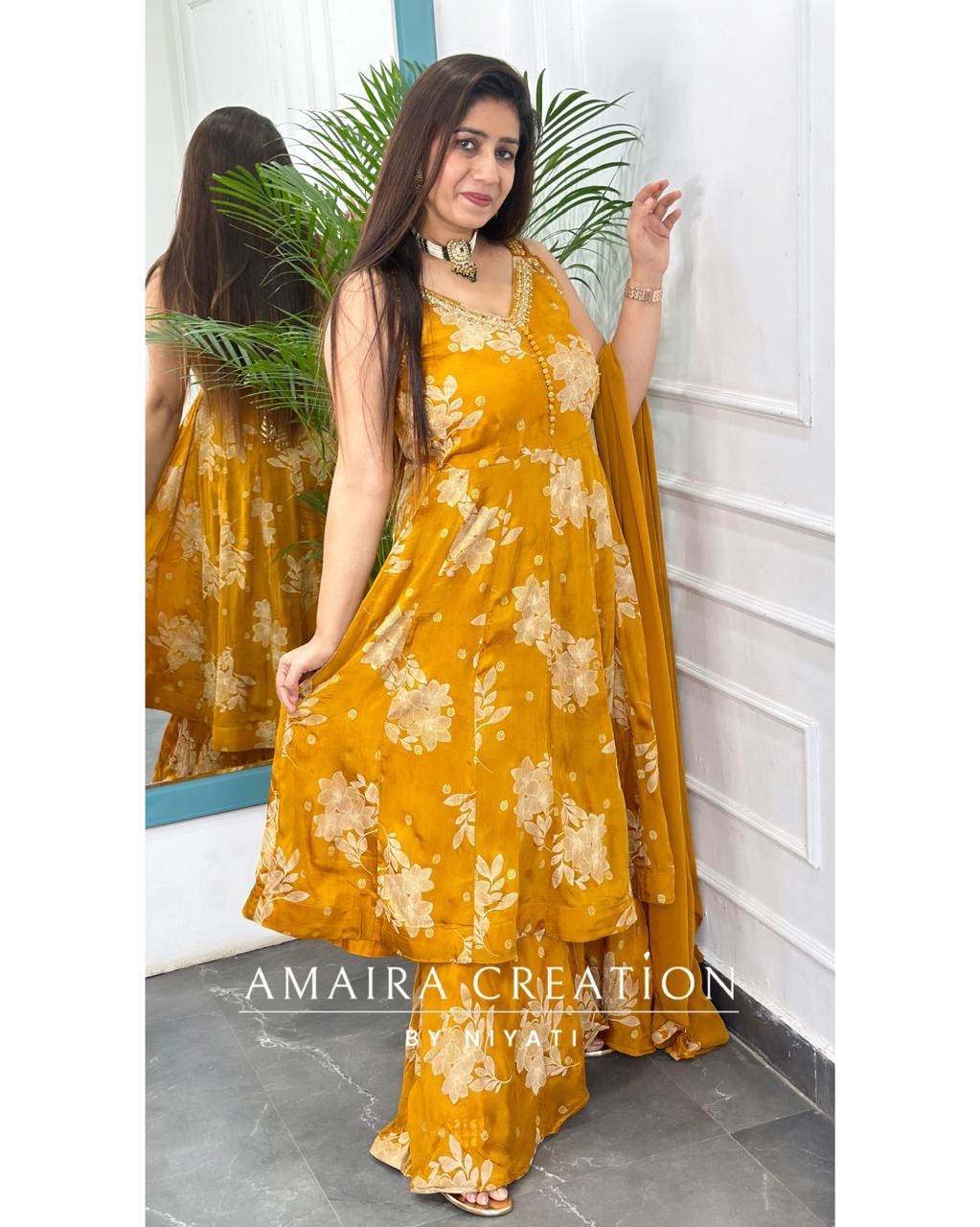 Mustard Chinon Fabric Garara Anarkali Set