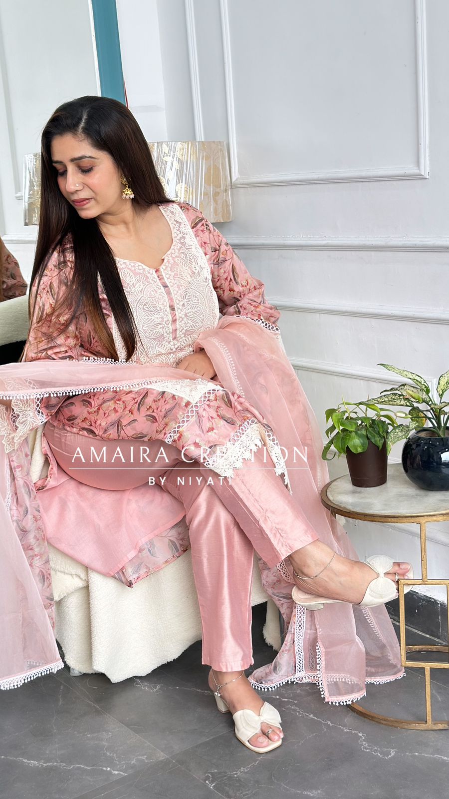 Peach Color Organza Pakistani Strait Suit