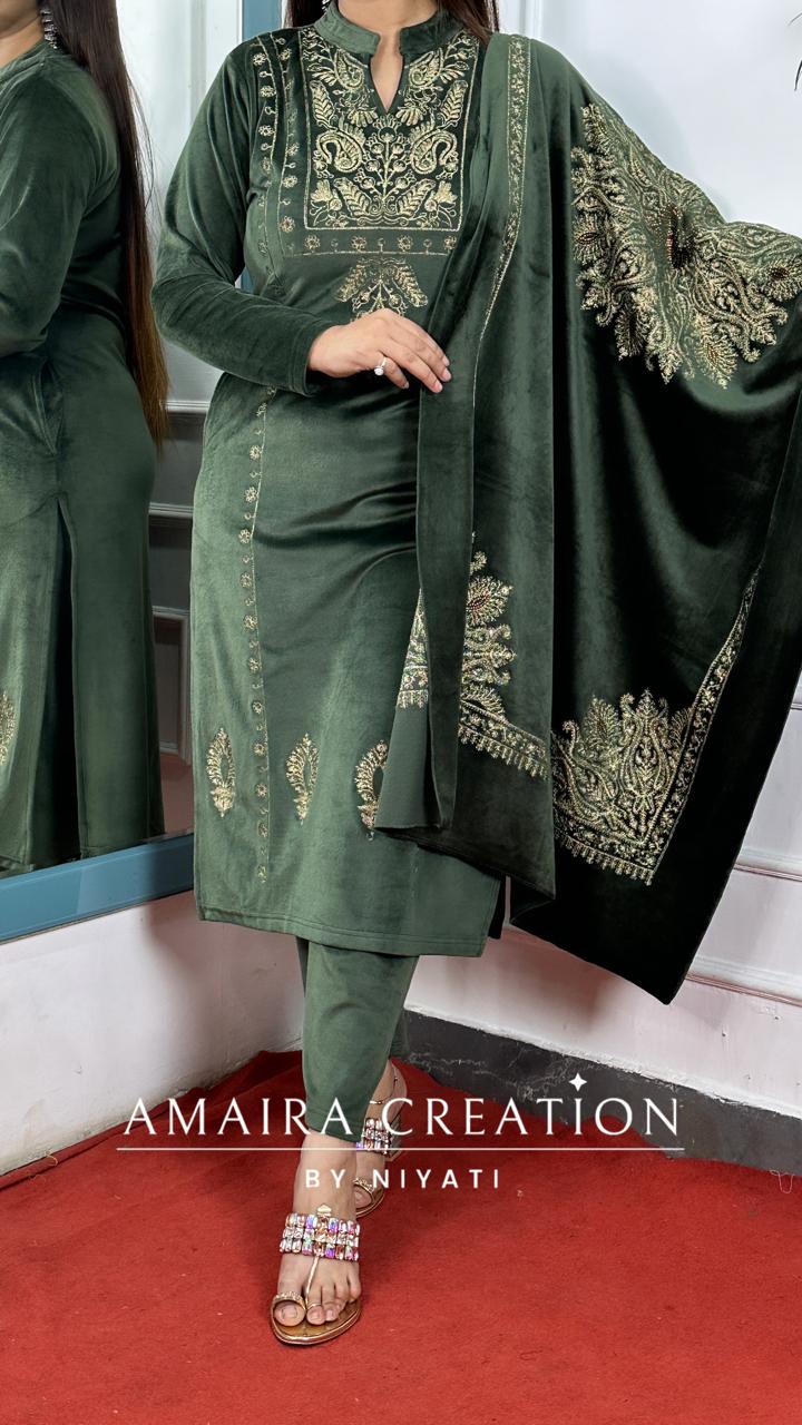 Green Embroidered Stretchable Velvet Suit