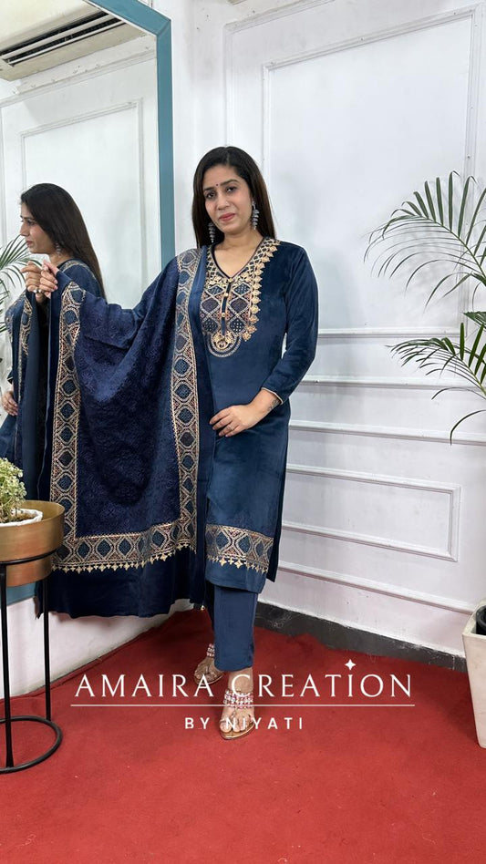 Blue Embroidered Stretchable Velvet Suit