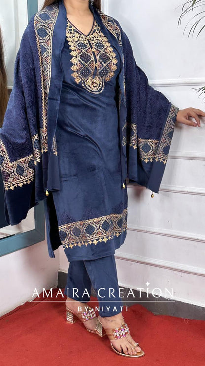 Blue Embroidered Stretchable Velvet Suit