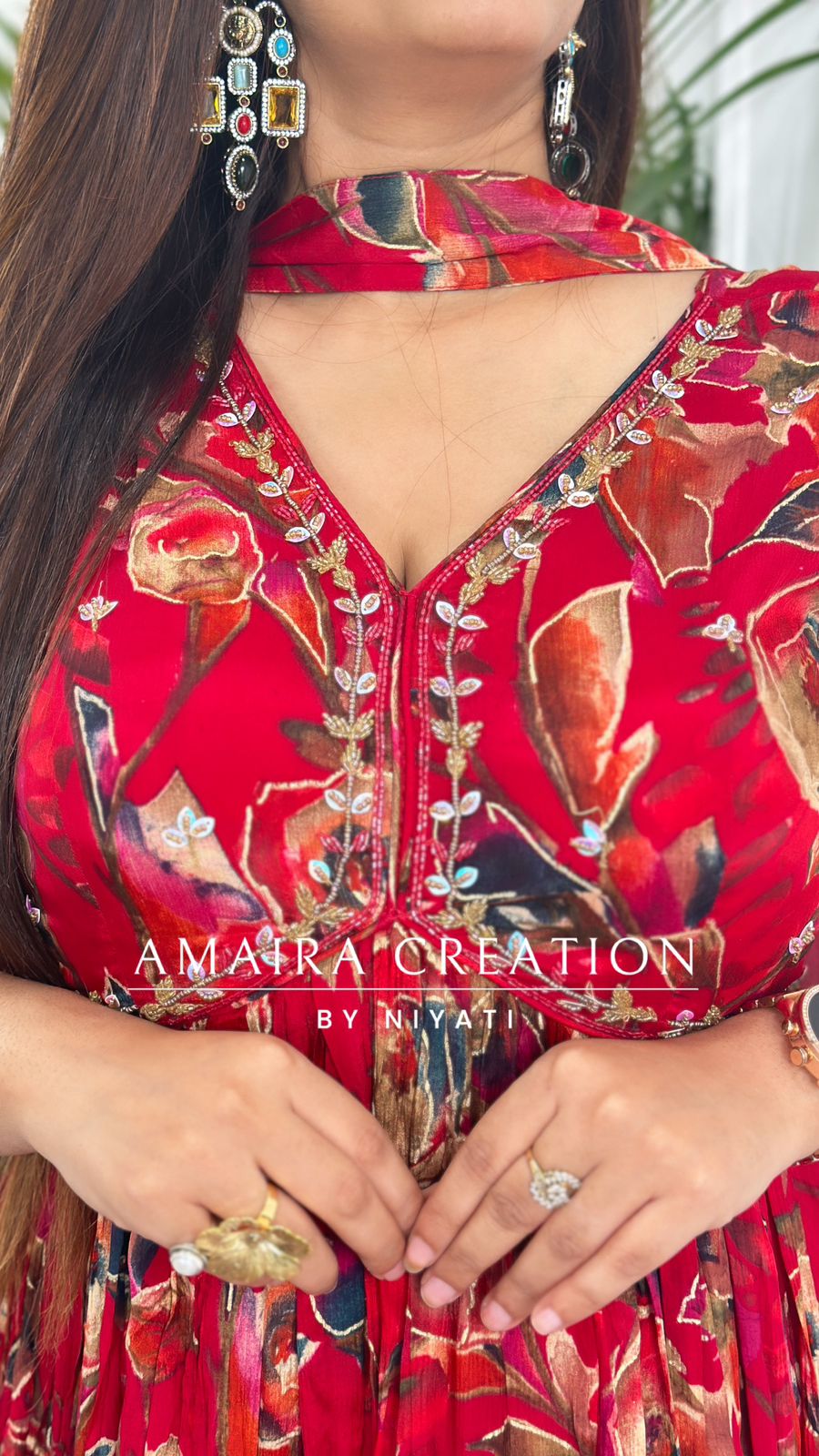 Red Floral Print Chinnon Alia Cut (Sleeves Available)