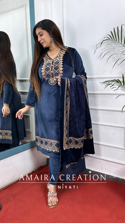 Blue Embroidered Stretchable Velvet Suit