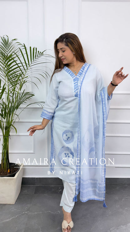 Sky Blue Flex Cotton Designer Pant Set