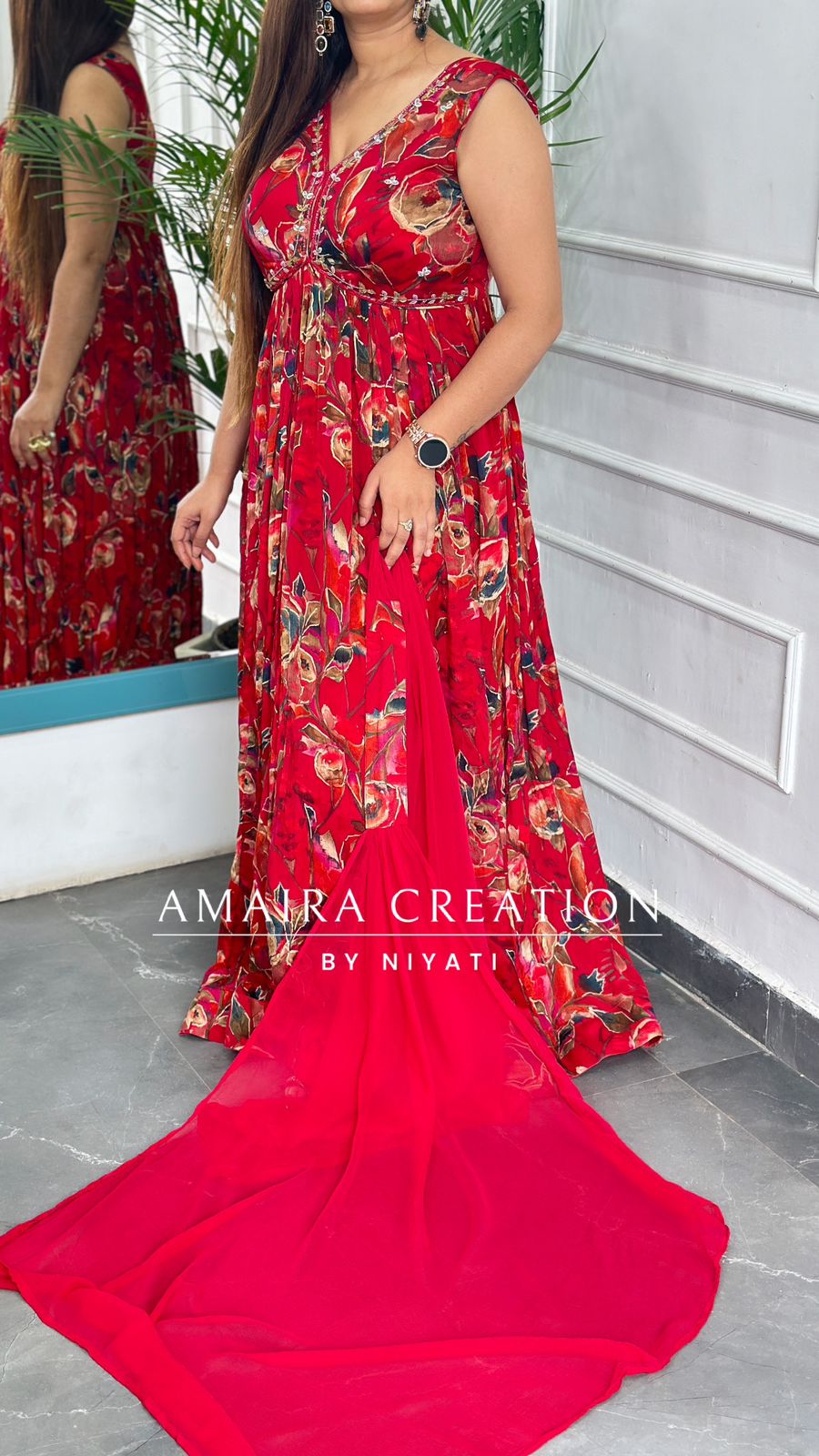 Red Floral Print Chinnon Alia Cut (Sleeves Available)