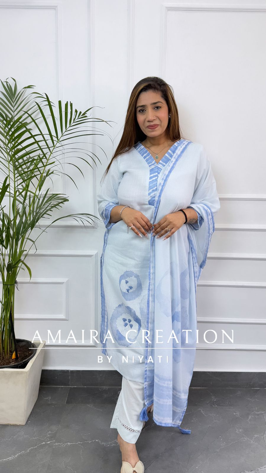 Sky Blue Flex Cotton Designer Pant Set