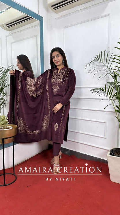 Wine Embroidered Stretchable Velvet Suit